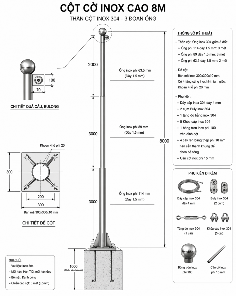 Báo giá cột cờ inox 8m