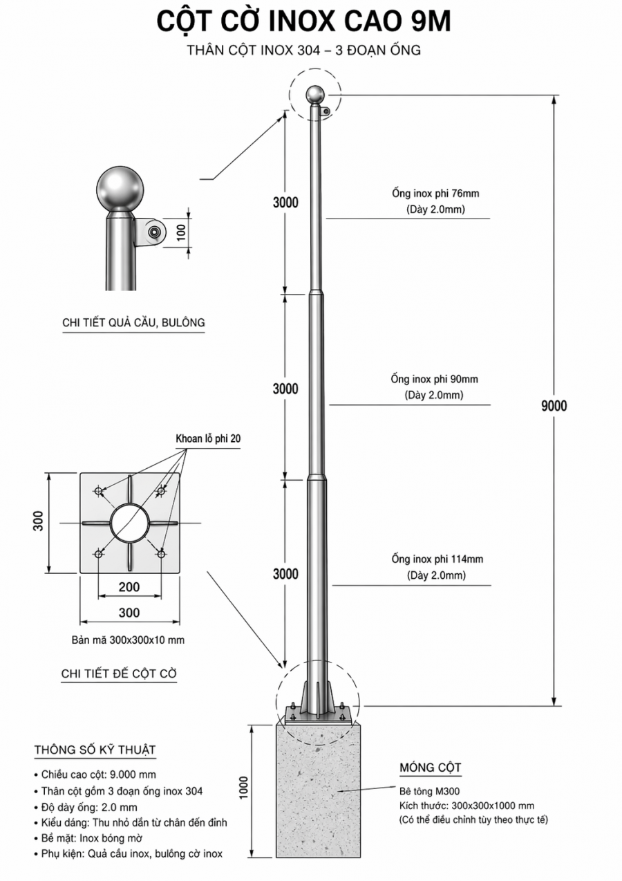 Báo giá cột cờ inox 304 cao 9m
